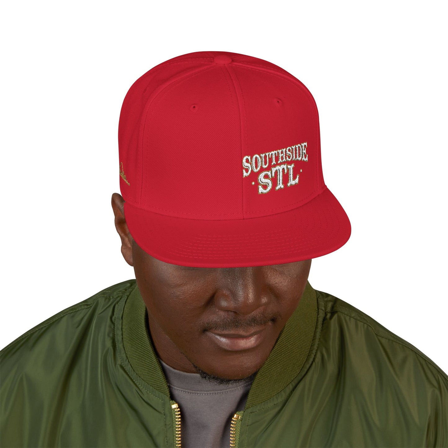 Embroidered Snapback Hat - Southside STL - White & Gold Lettering Printify