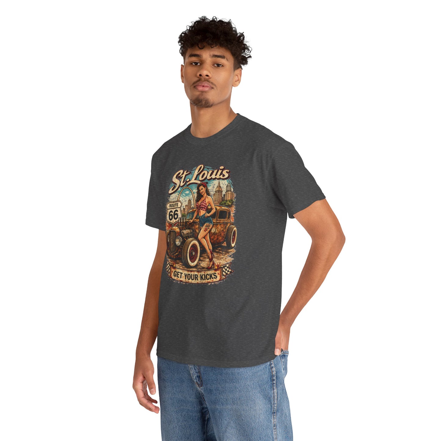 St. Louis Route 66 Vintage Car T‑Shirt — "Get Your Kicks" Retro Road Trip Tee Printify