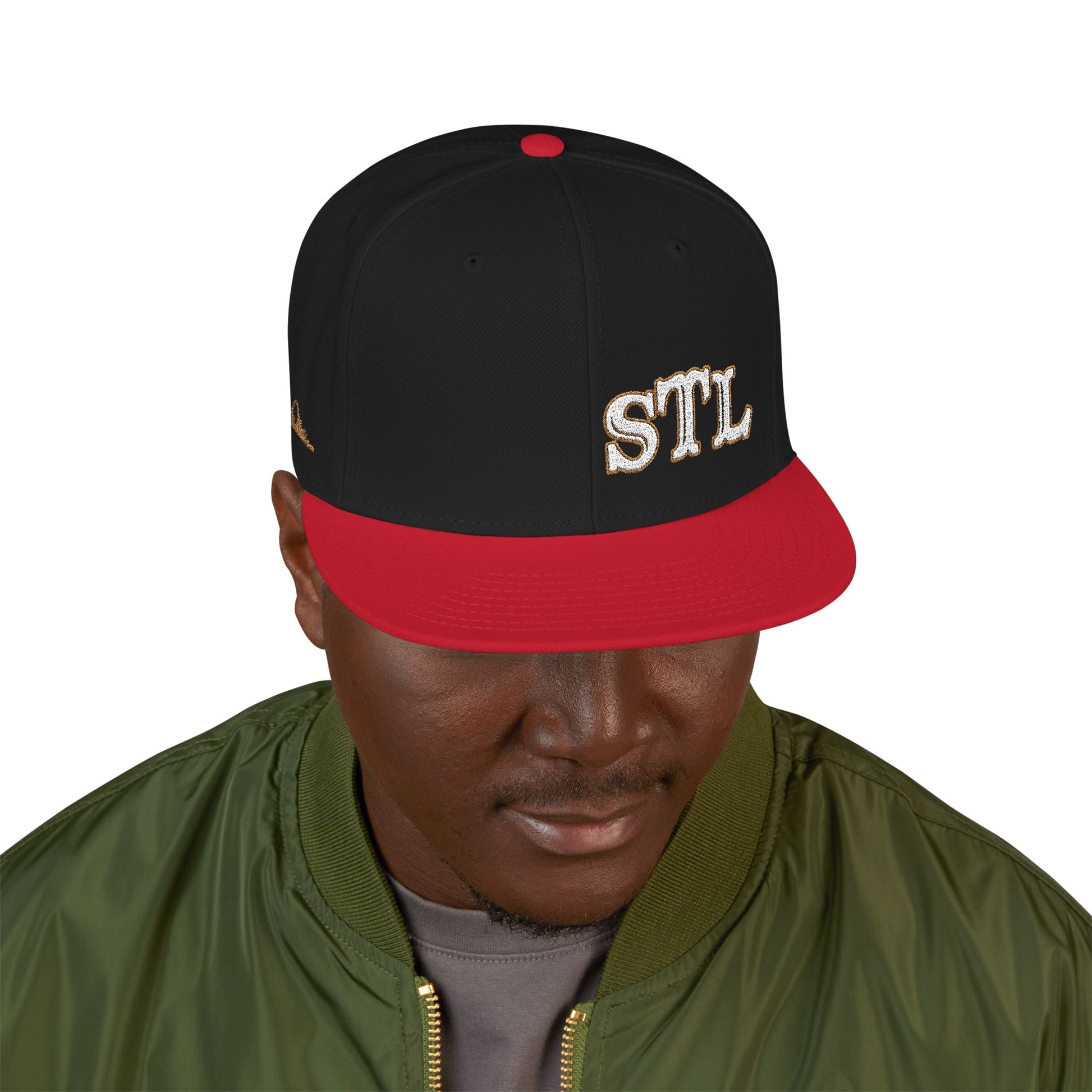 STL Embroidered Snapback Hat- Gold & White Lettering Printify