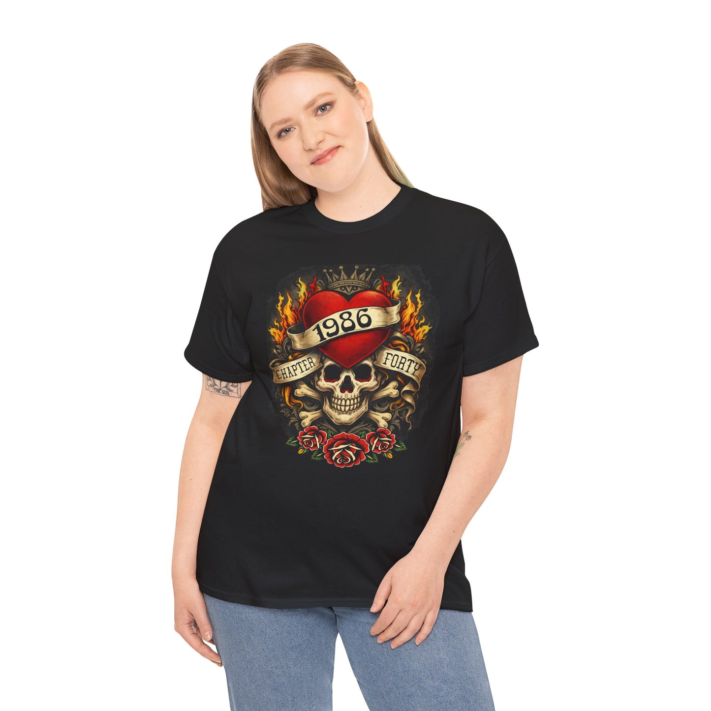 1986 Skull & Roses Tee — Retro Tattoo-Style Graphic Shirt