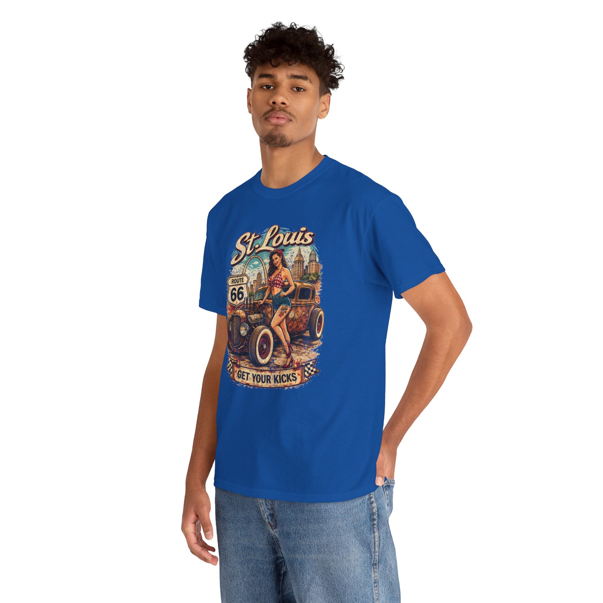 St. Louis Route 66 Vintage Car T‑Shirt — "Get Your Kicks" Retro Road Trip Tee Printify