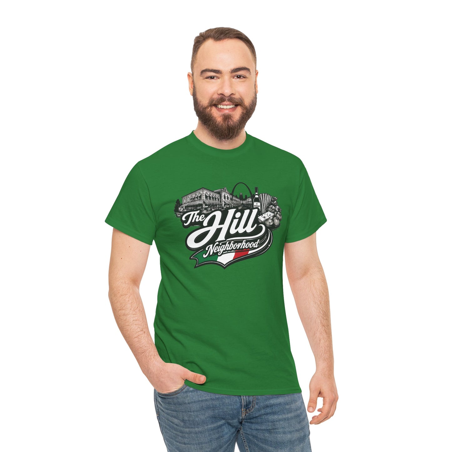 The Hill Neighborhood T-Shirt — Vintage Cityscape Tee with Red, White & Green Accents