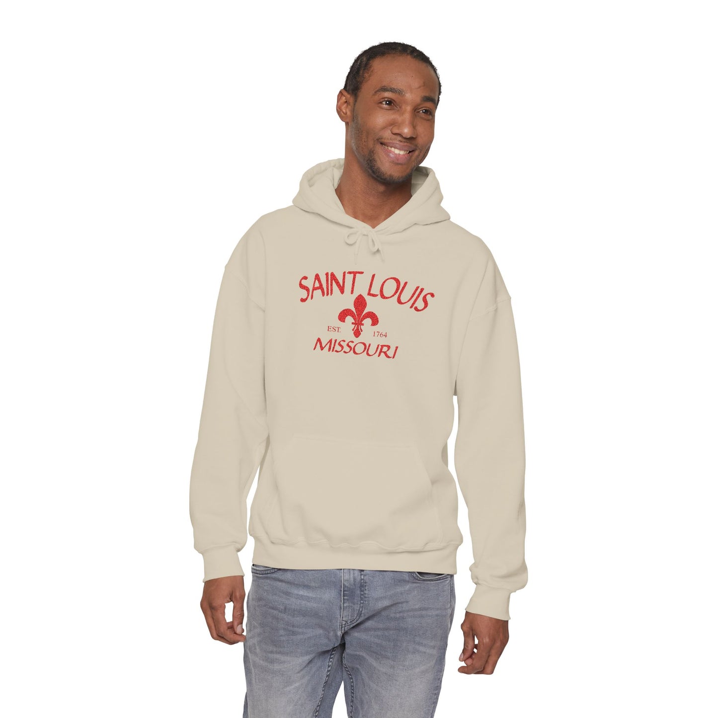 Saint Louis Missouri Embroidered Hoodie — Red Lettering
