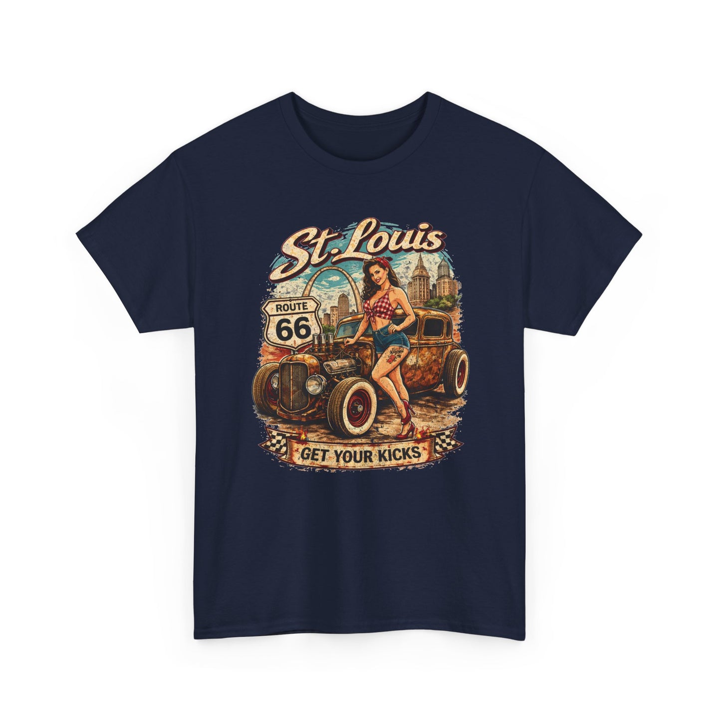 St. Louis Route 66 Vintage Car T‑Shirt — "Get Your Kicks" Retro Road Trip Tee Printify