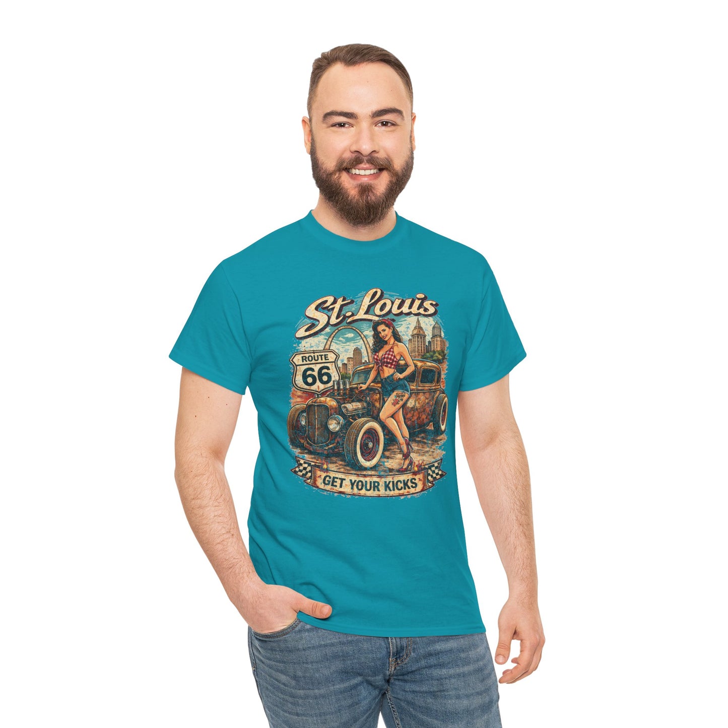 St. Louis Route 66 Vintage Car T‑Shirt — "Get Your Kicks" Retro Road Trip Tee Printify