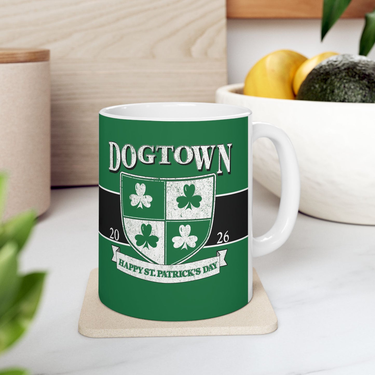 St. Patrick's Day Green Ceramic Mug – 'Dogtown' Crest 11oz/15oz Printify