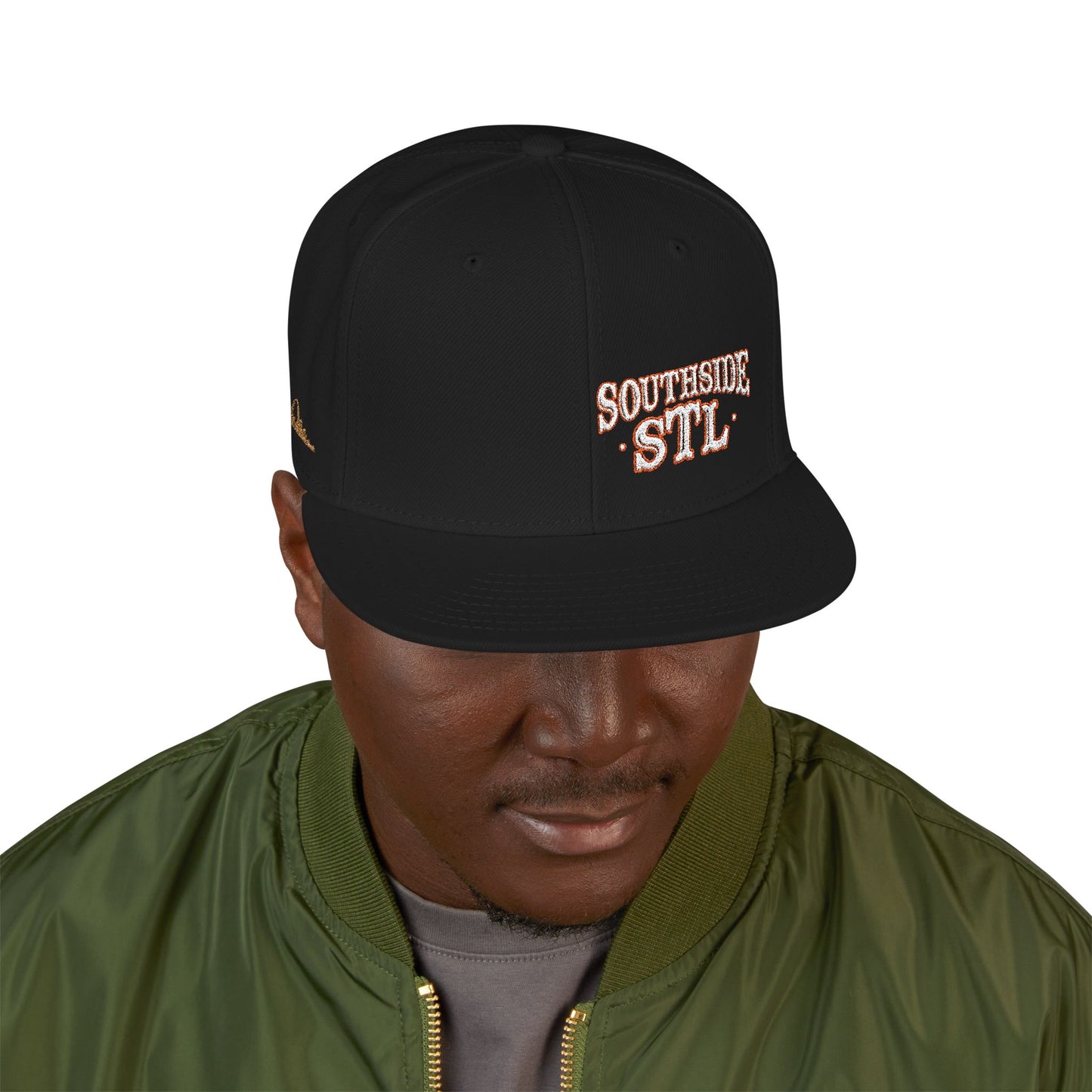 Embroidered Snapback Hat - Southside STL - White & Orange Lettering Printify