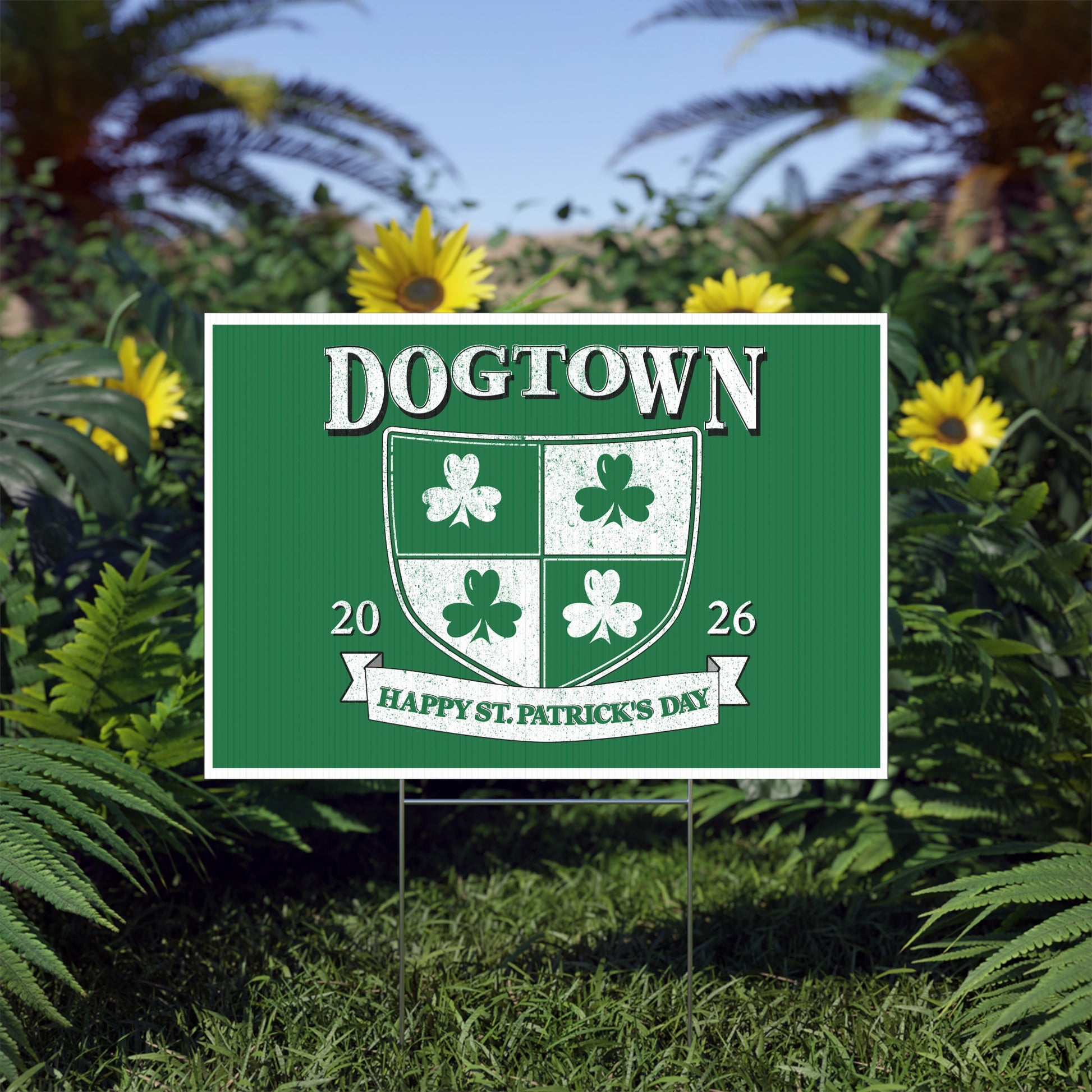 St. Patrick's Day Lawn Sign — "DOGTOWN" Shamrock Crest (2026) Printify
