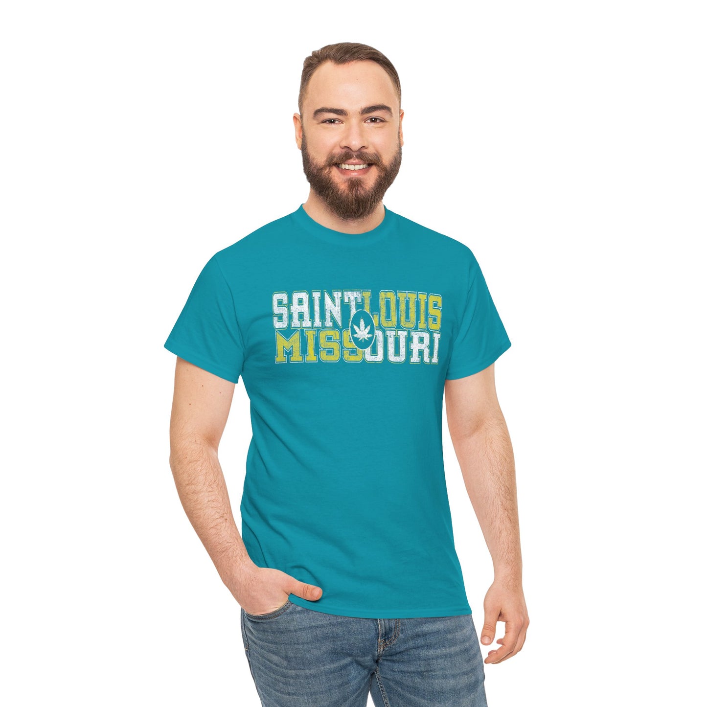 Saint Louis Missouri Tee - Retro Collegiate Cannabis Leaf Design