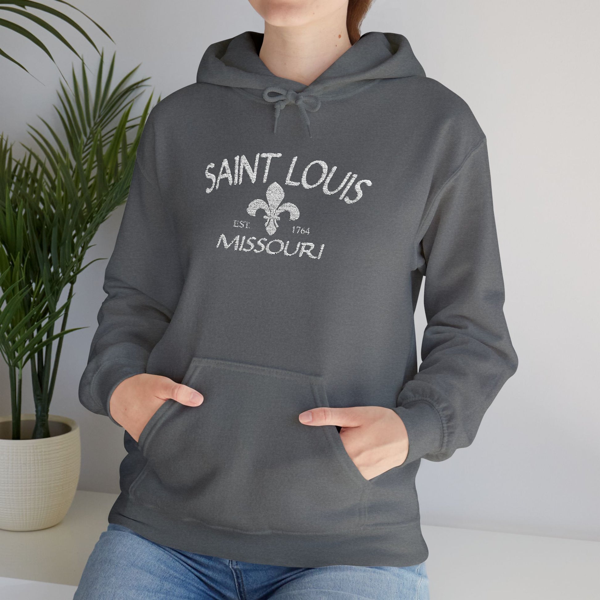 Saint Louis Missouri Embroidered Hoodie — White Lettering Printify