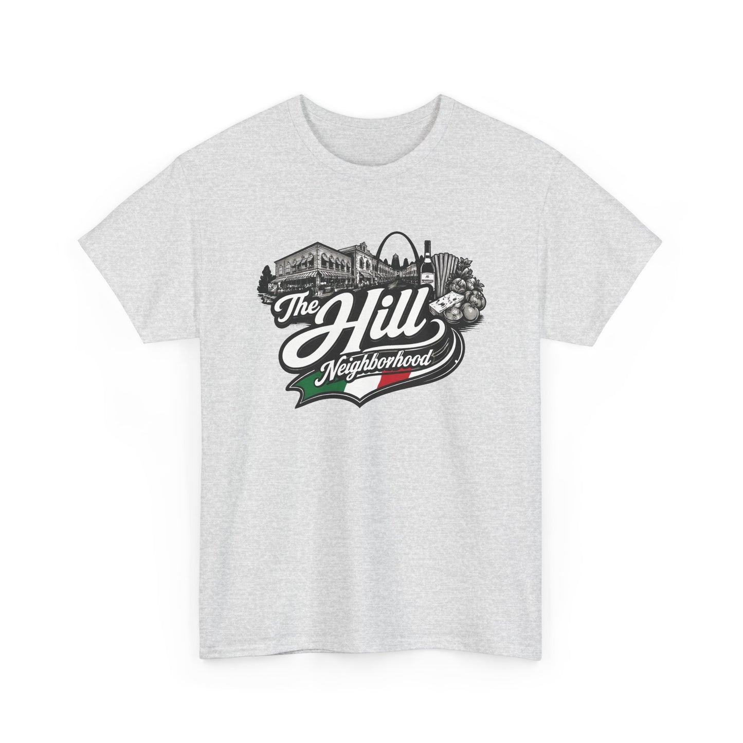 The Hill Neighborhood T-Shirt — Vintage Cityscape Tee with Red, White & Green Accents