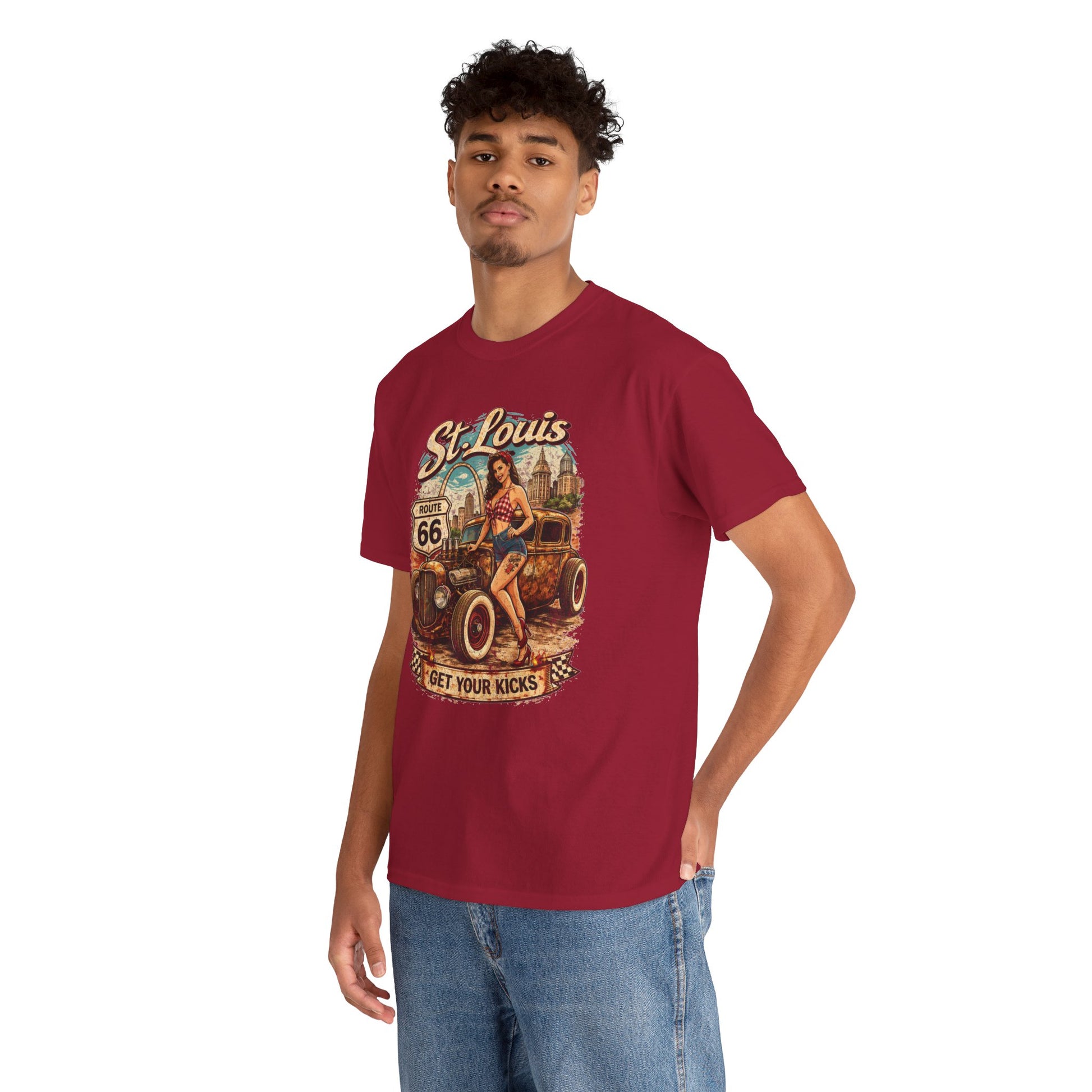 St. Louis Route 66 Vintage Car T‑Shirt — "Get Your Kicks" Retro Road Trip Tee Printify