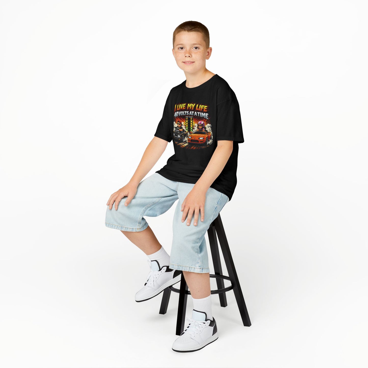 Kids Racing T‑Shirt - "I Live My Life 40 Volts at a Time" Car Graphic Tee