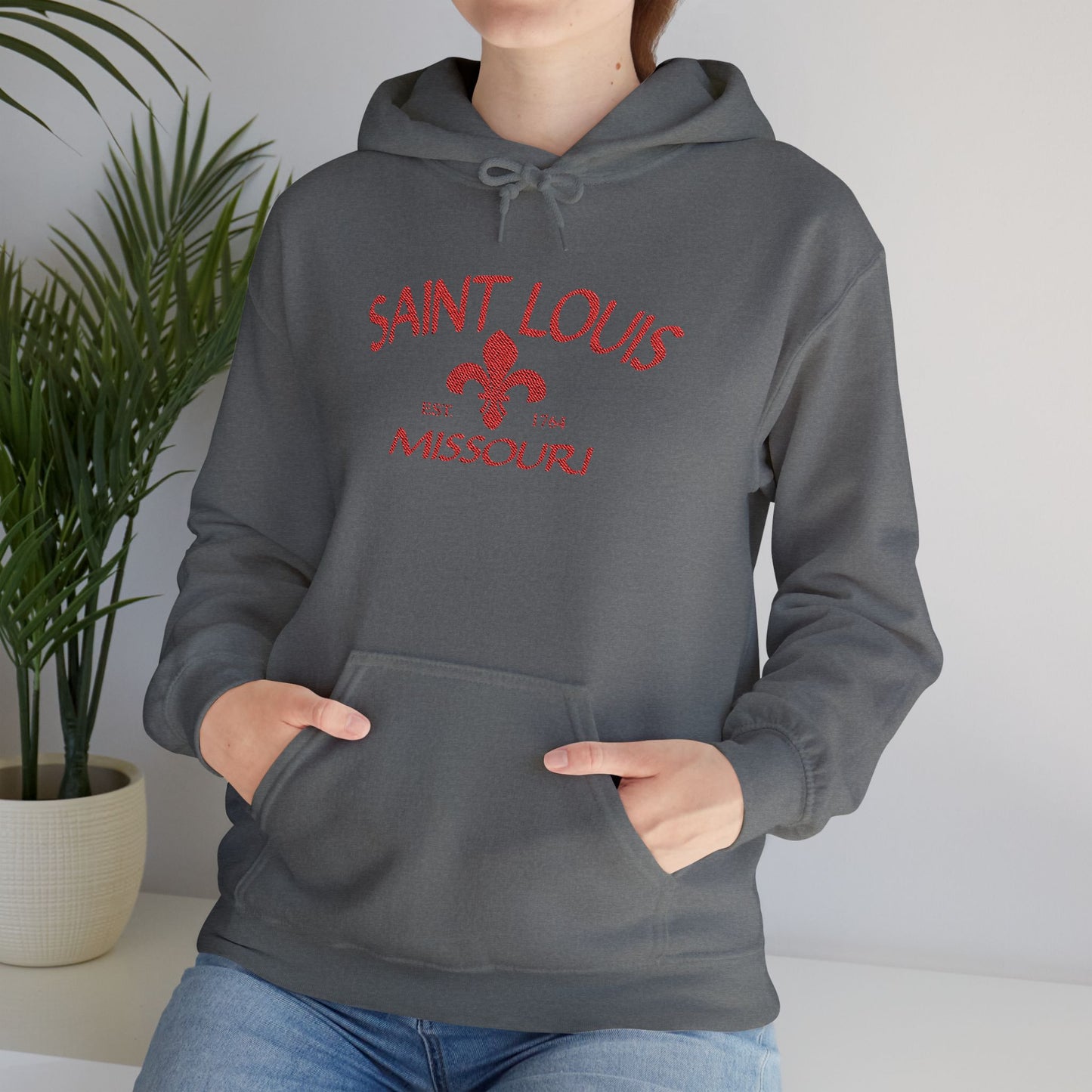 Saint Louis Missouri Embroidered Hoodie — Red Lettering