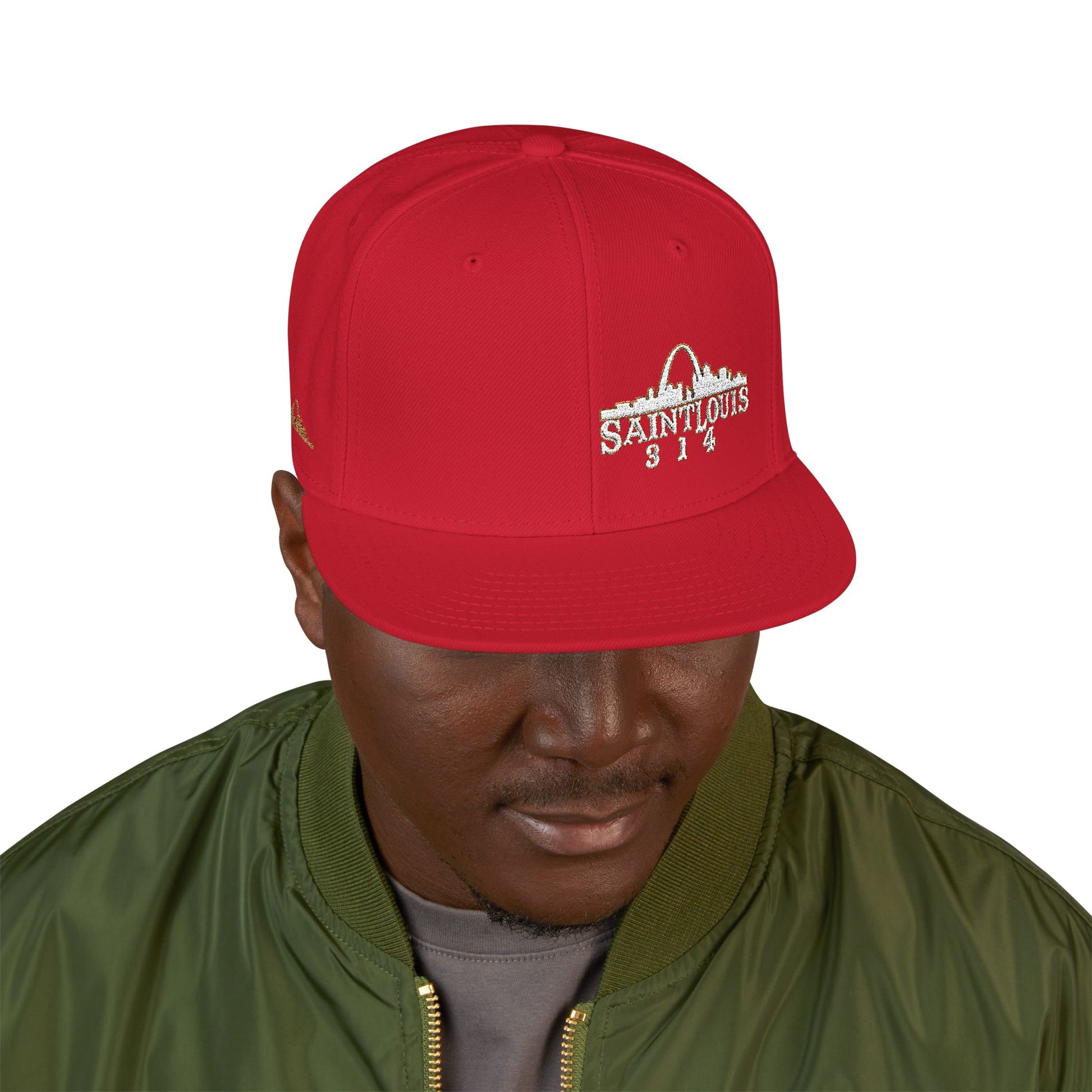 Embroidered Snapback Hat - Saint Louis - White and Gold Lettering Printify