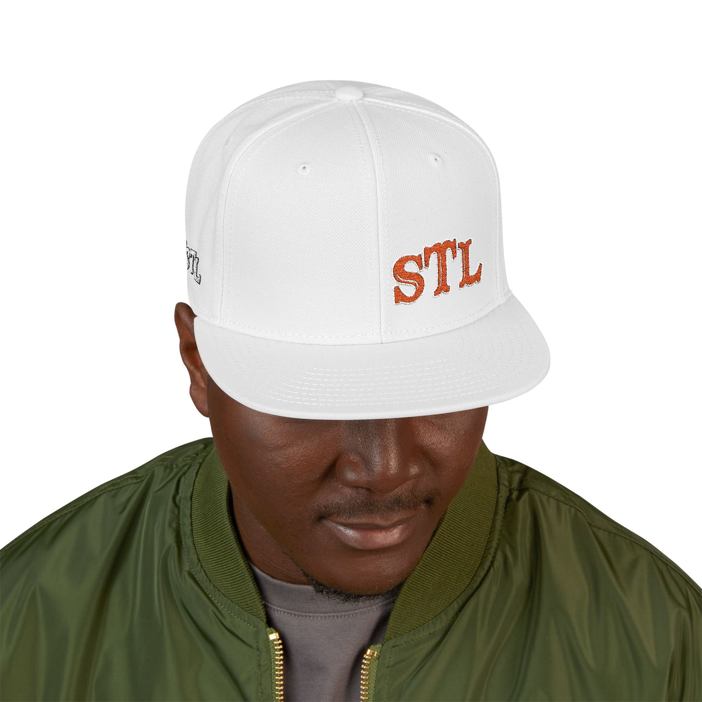 STL Embroidered Snapback Hat-Orange & White Lettering Printify