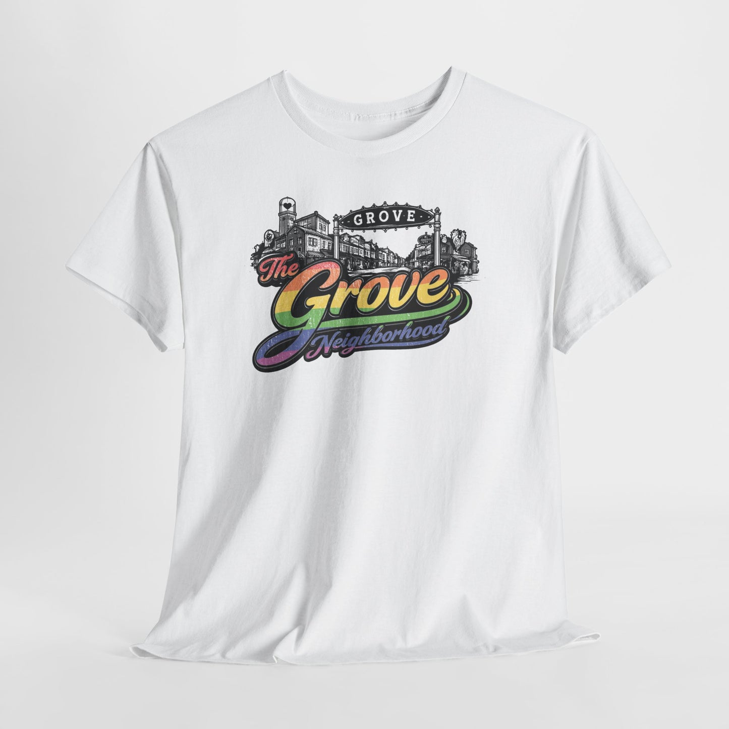 The Grove Neighborhood Tee — Retro Rainbow Logo T-Shirt