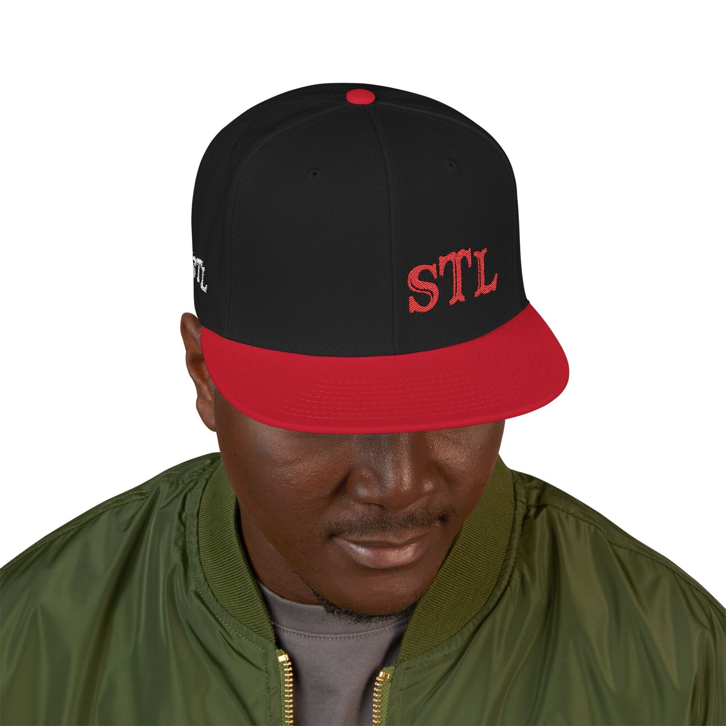 STL Embroidered Snapback Hat-Red & Black Lettering Printify