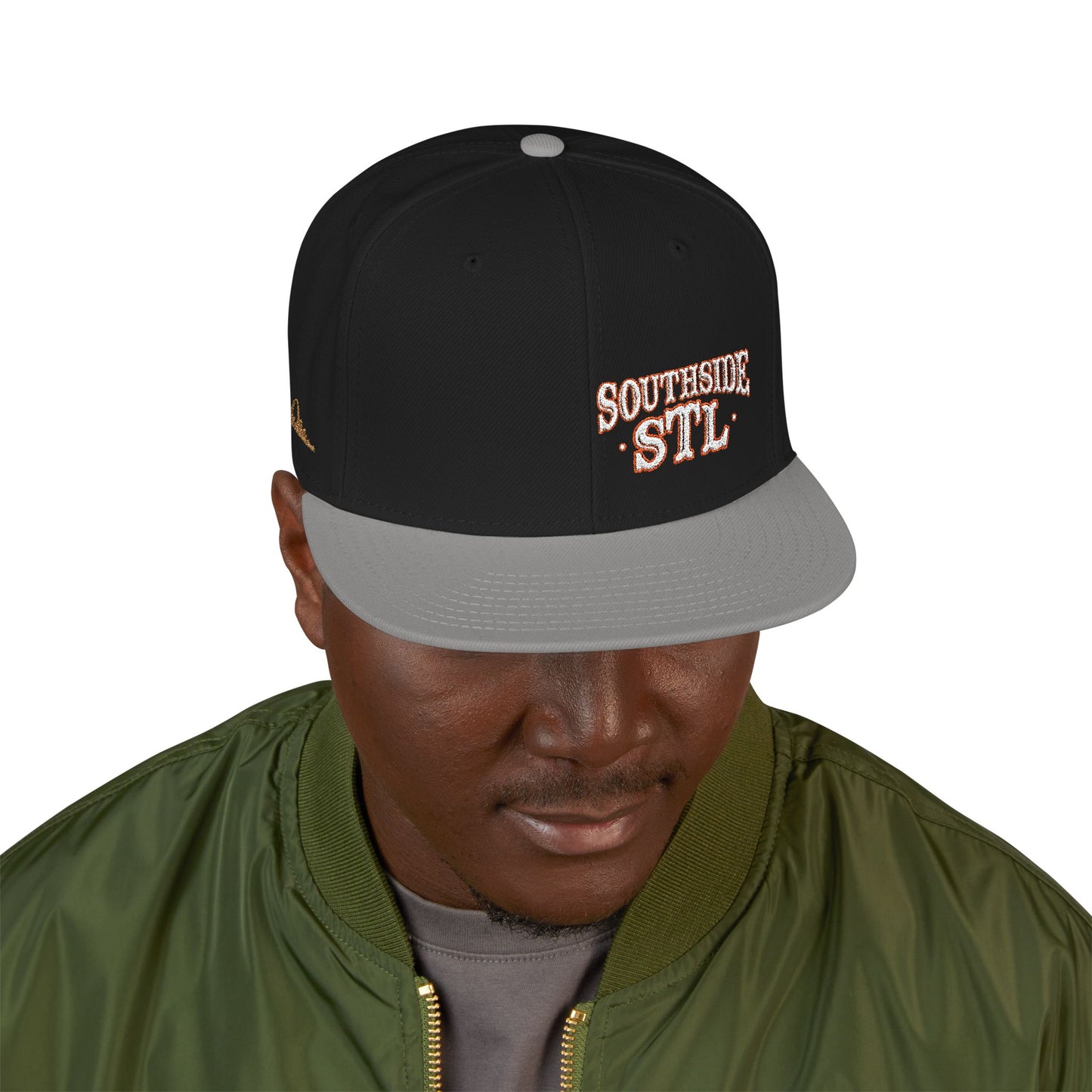 Embroidered Snapback Hat - Southside STL - White & Orange Lettering Printify