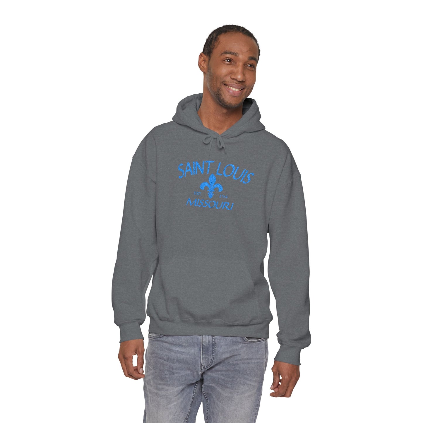 Saint Louis Embroidered Hoodie — Blue Lettering