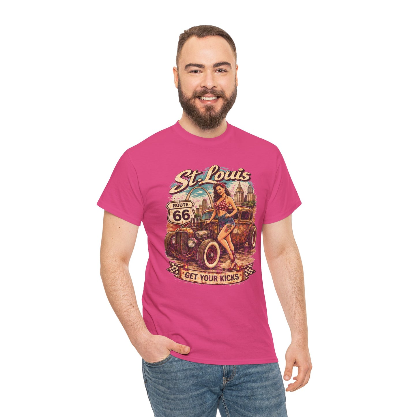 St. Louis Route 66 Vintage Car T‑Shirt — "Get Your Kicks" Retro Road Trip Tee Printify