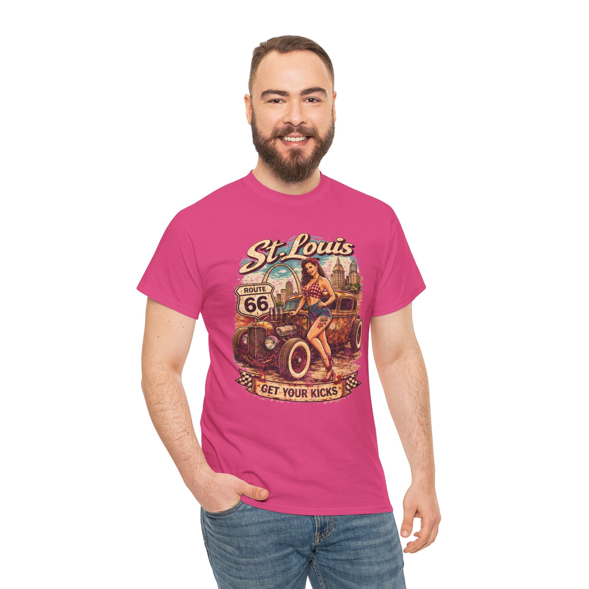 St. Louis Route 66 Vintage Car T‑Shirt — "Get Your Kicks" Retro Road Trip Tee Printify
