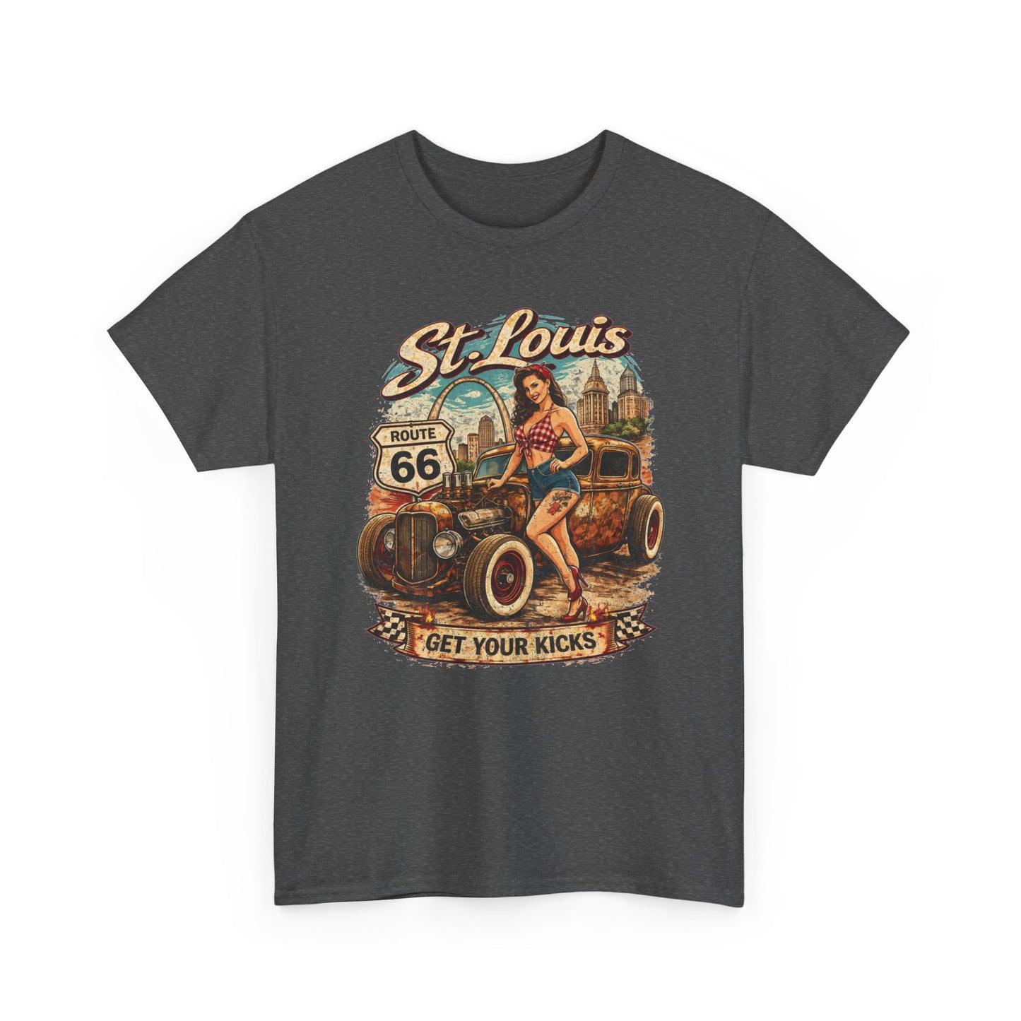St. Louis Route 66 Vintage Car T‑Shirt — "Get Your Kicks" Retro Road Trip Tee Printify