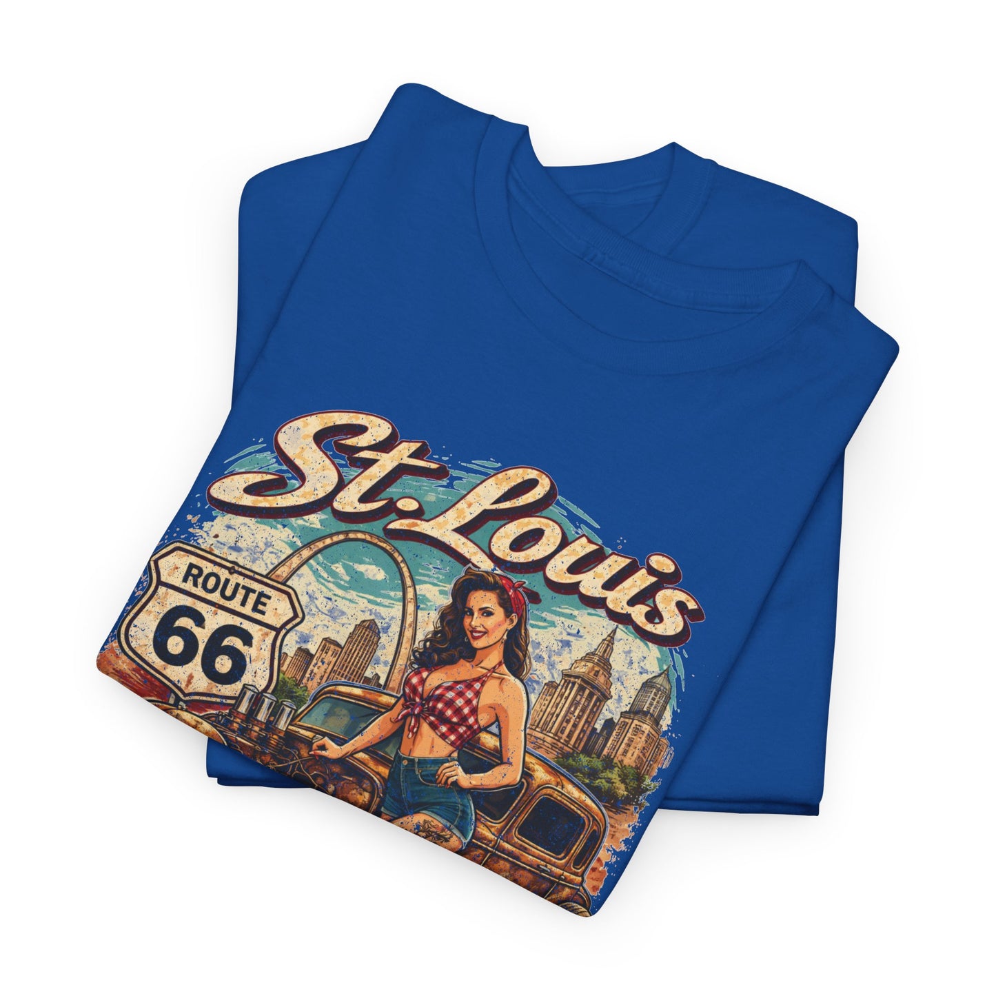 St. Louis Route 66 Vintage Car T‑Shirt — "Get Your Kicks" Retro Road Trip Tee Printify