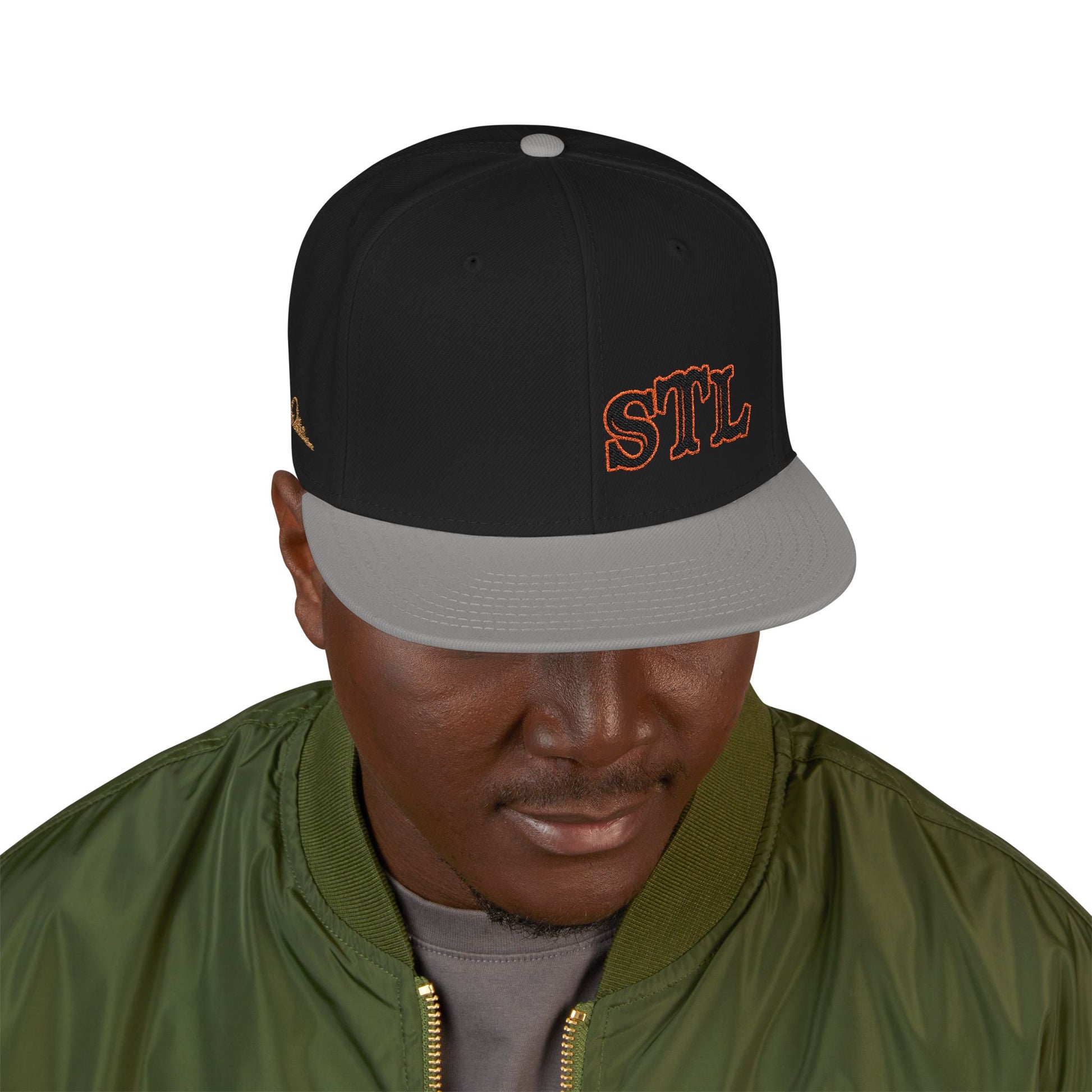 STL Embroidered Snapback Hat- Black & Orange Lettering Printify