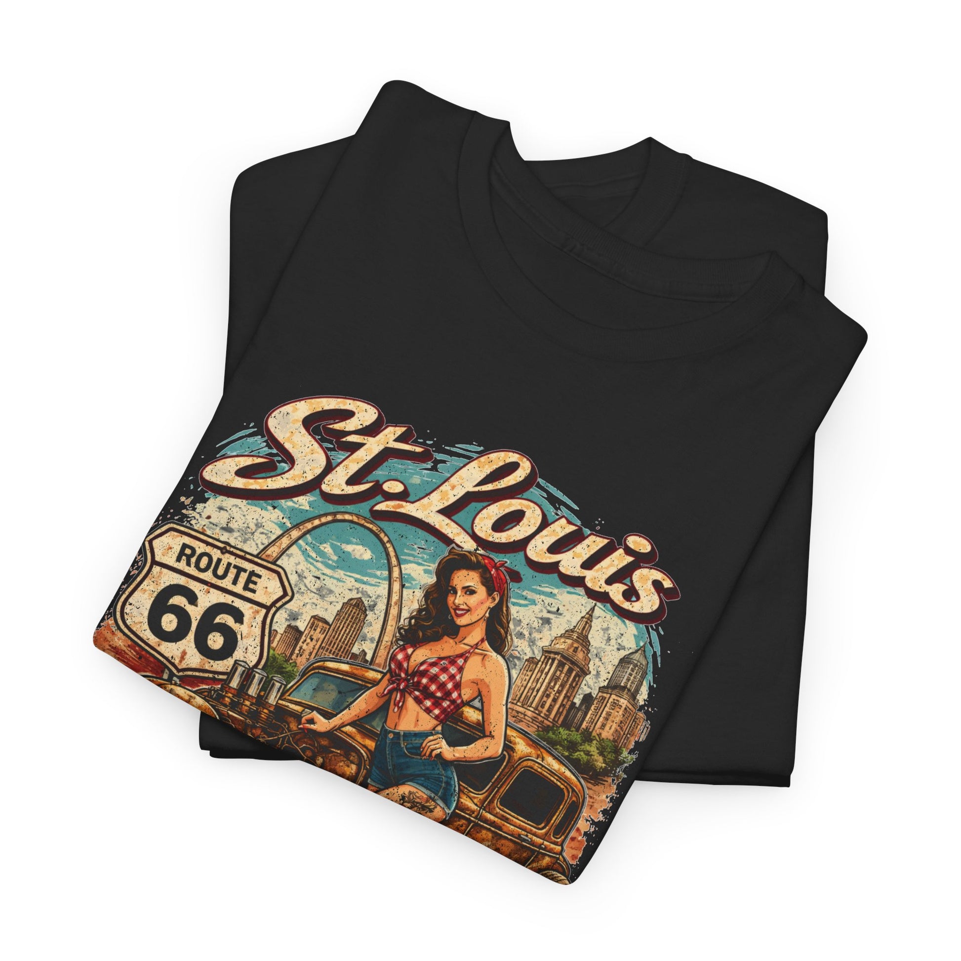 St. Louis Route 66 Vintage Car T‑Shirt — "Get Your Kicks" Retro Road Trip Tee Printify