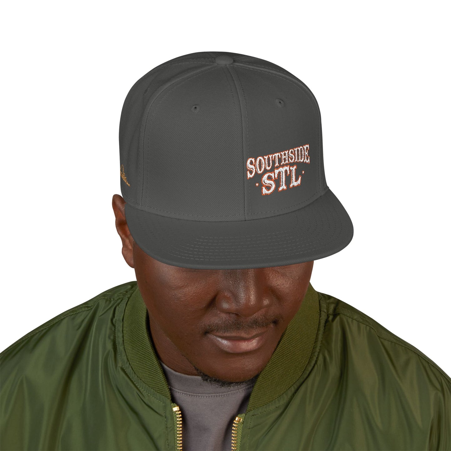Embroidered Snapback Hat - Southside STL - White & Orange Lettering Printify