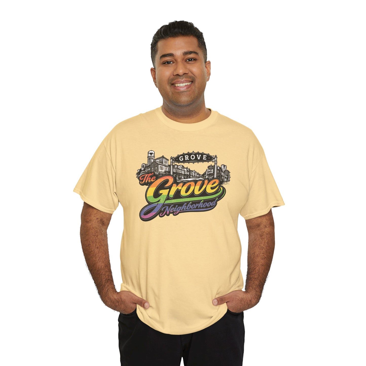 The Grove Neighborhood Tee — Retro Rainbow Logo T-Shirt