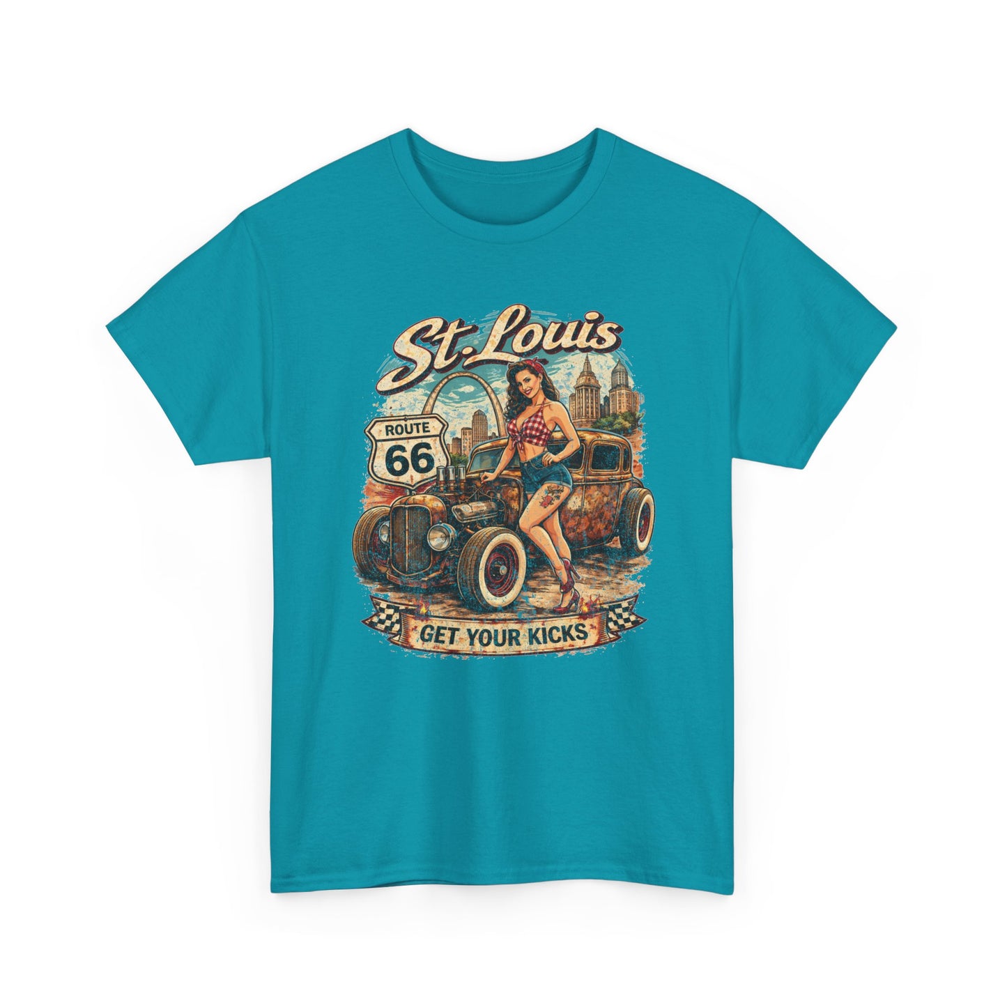 St. Louis Route 66 Vintage Car T‑Shirt — "Get Your Kicks" Retro Road Trip Tee Printify
