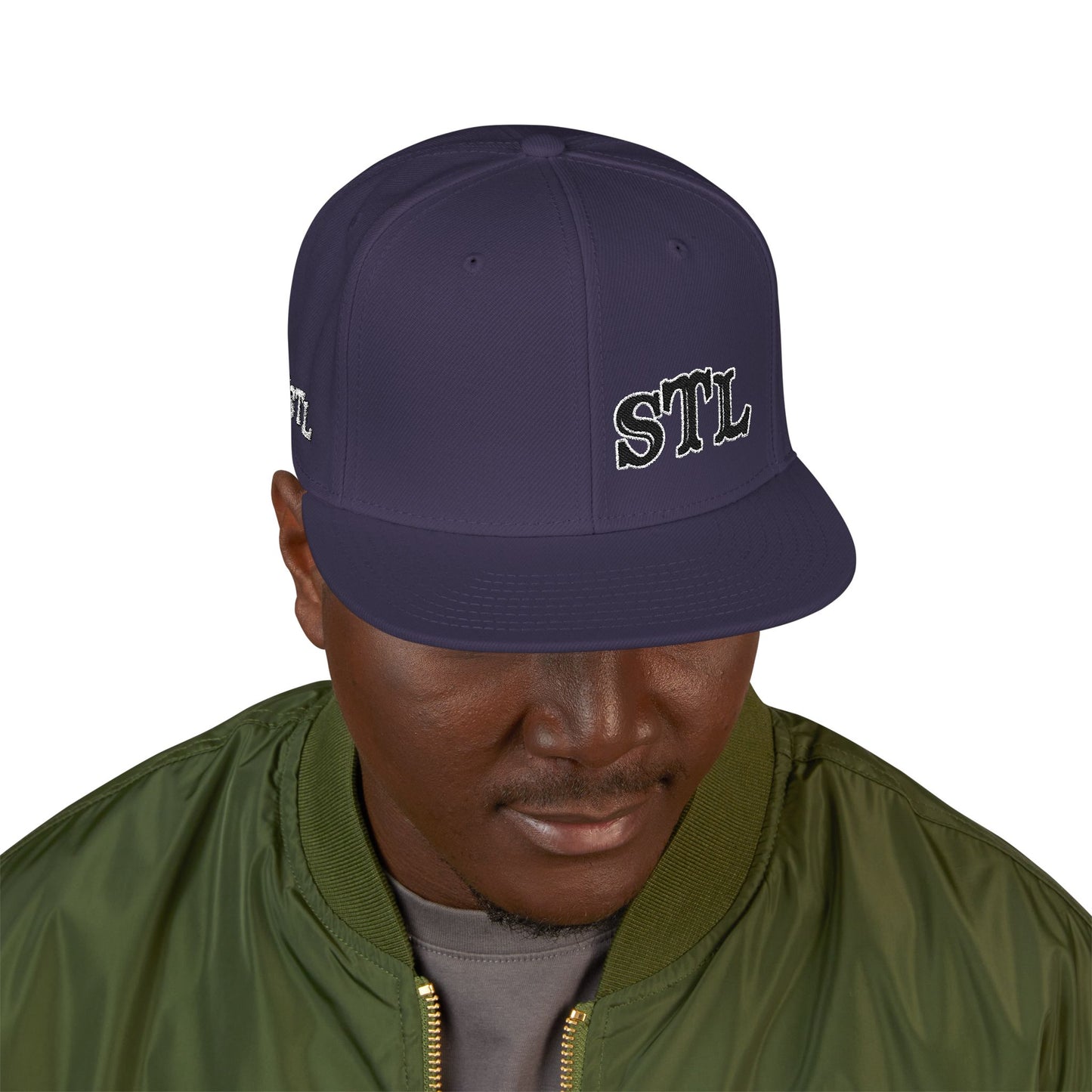 STL Embroidered Snapback Hat- Black & White Lettering Printify