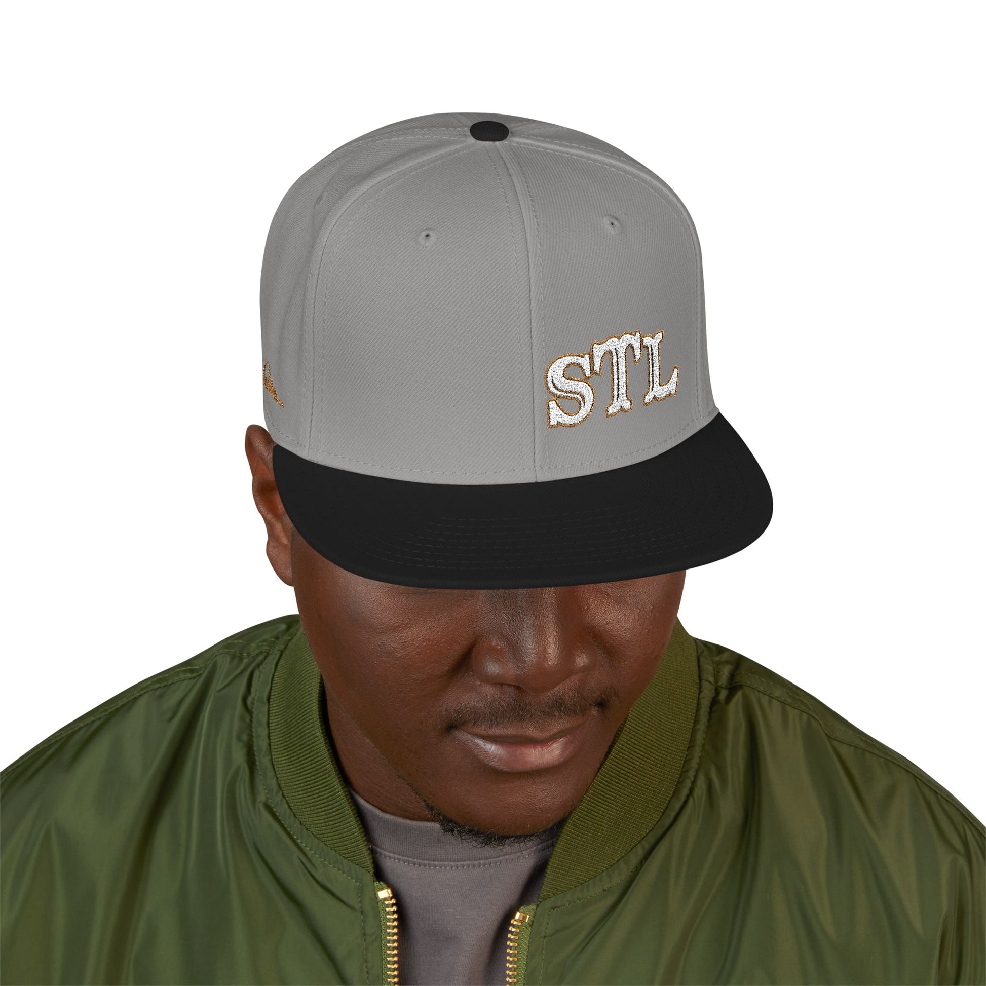 STL Embroidered Snapback Hat- Gold & White Lettering Printify