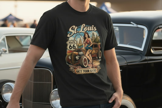 St. Louis Route 66 Vintage Car T‑Shirt — "Get Your Kicks" Retro Road Trip Tee Printify