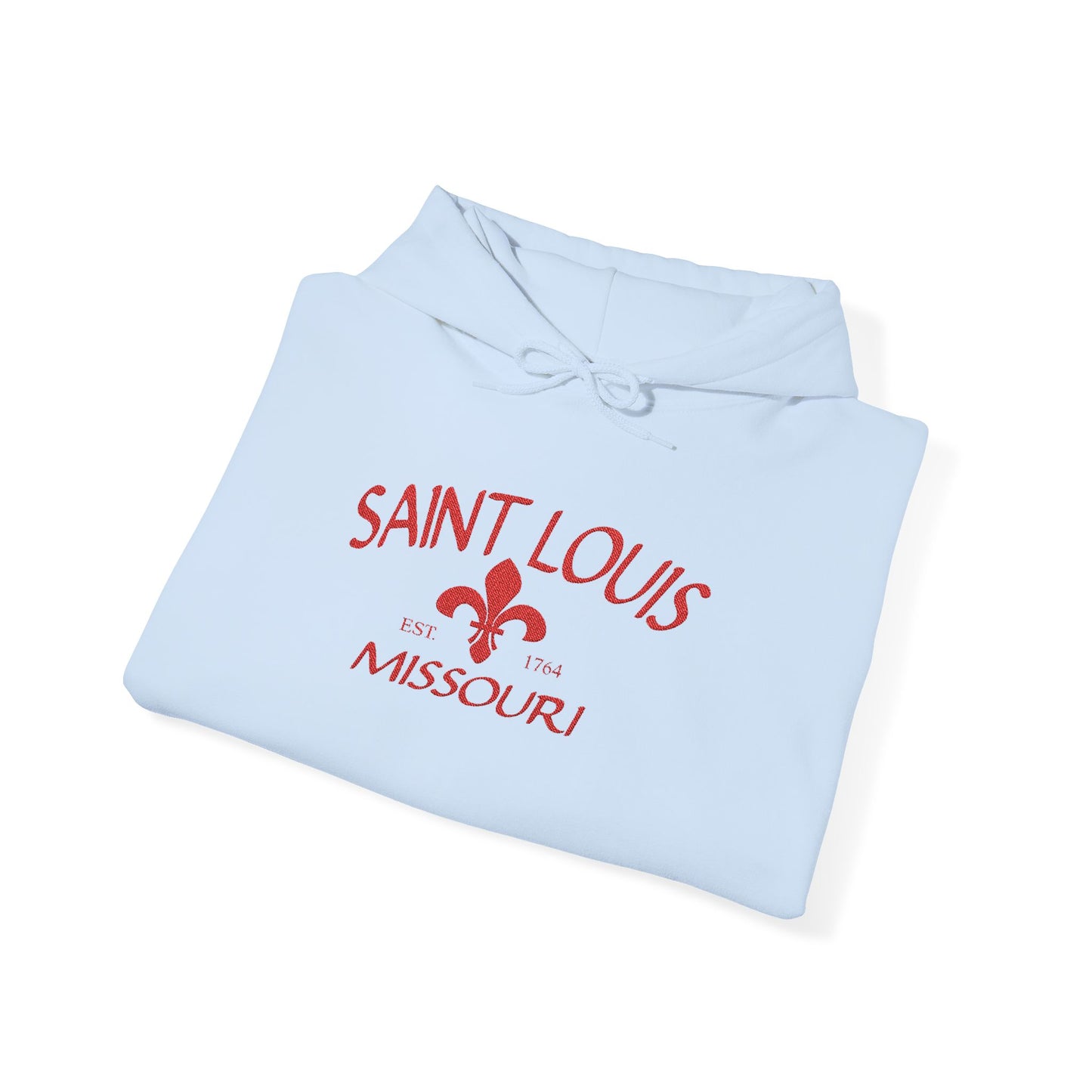 Saint Louis Missouri Embroidered Hoodie — Red Lettering