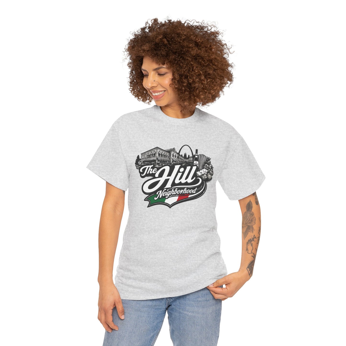 The Hill Neighborhood T-Shirt — Vintage Cityscape Tee with Red, White & Green Accents
