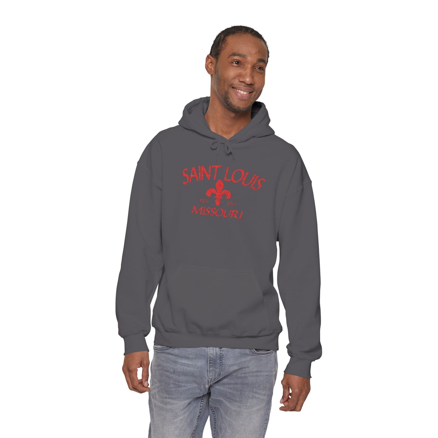 Saint Louis Missouri Embroidered Hoodie — Red Lettering