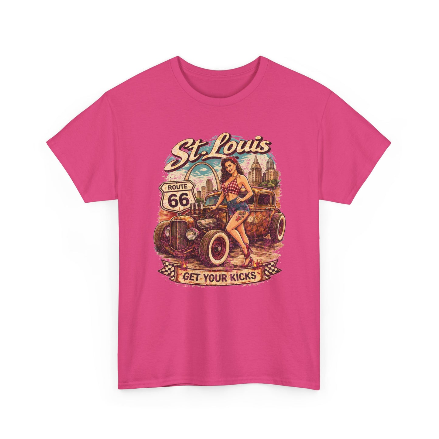 St. Louis Route 66 Vintage Car T‑Shirt — "Get Your Kicks" Retro Road Trip Tee Printify