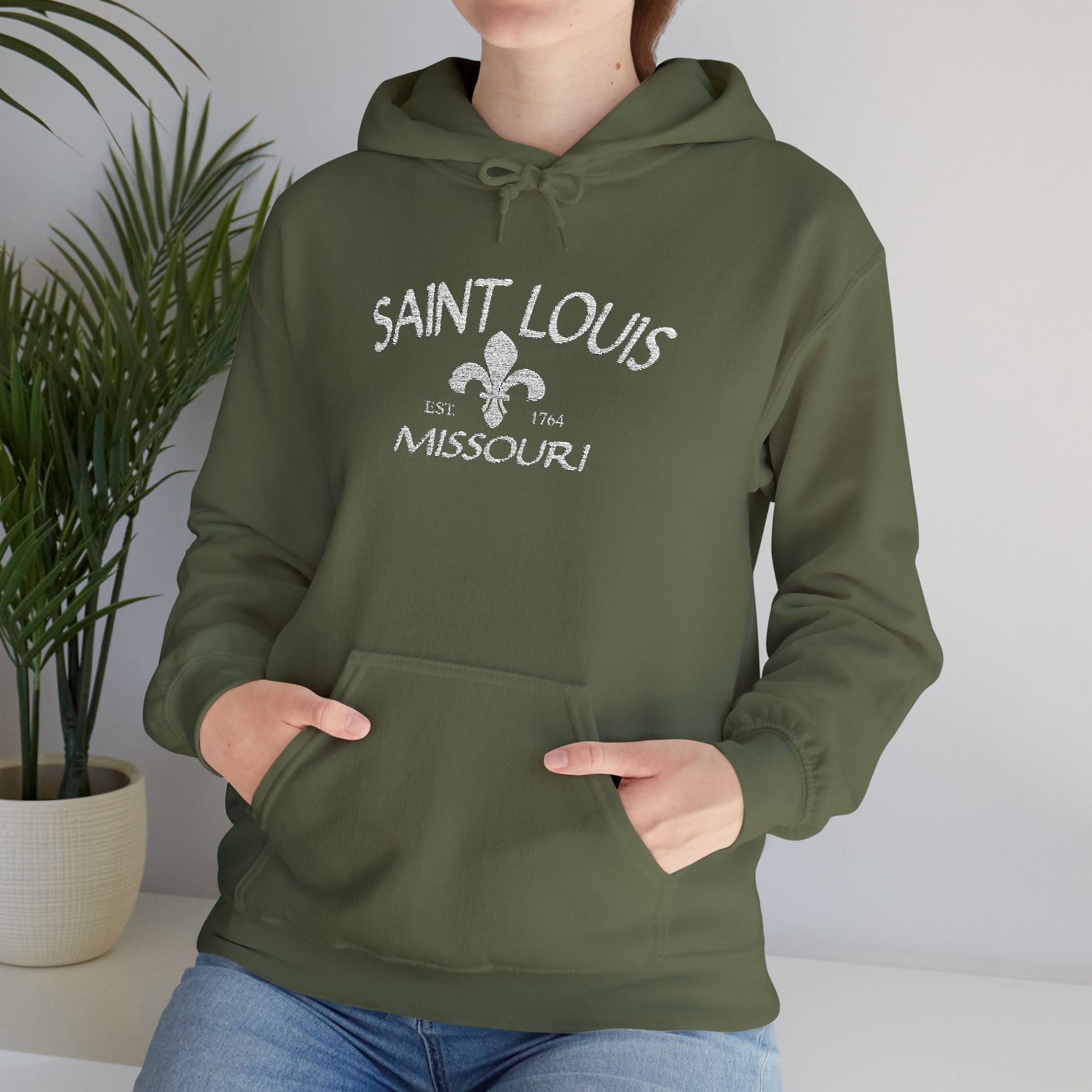 Saint Louis Missouri Embroidered Hoodie — White Lettering Printify