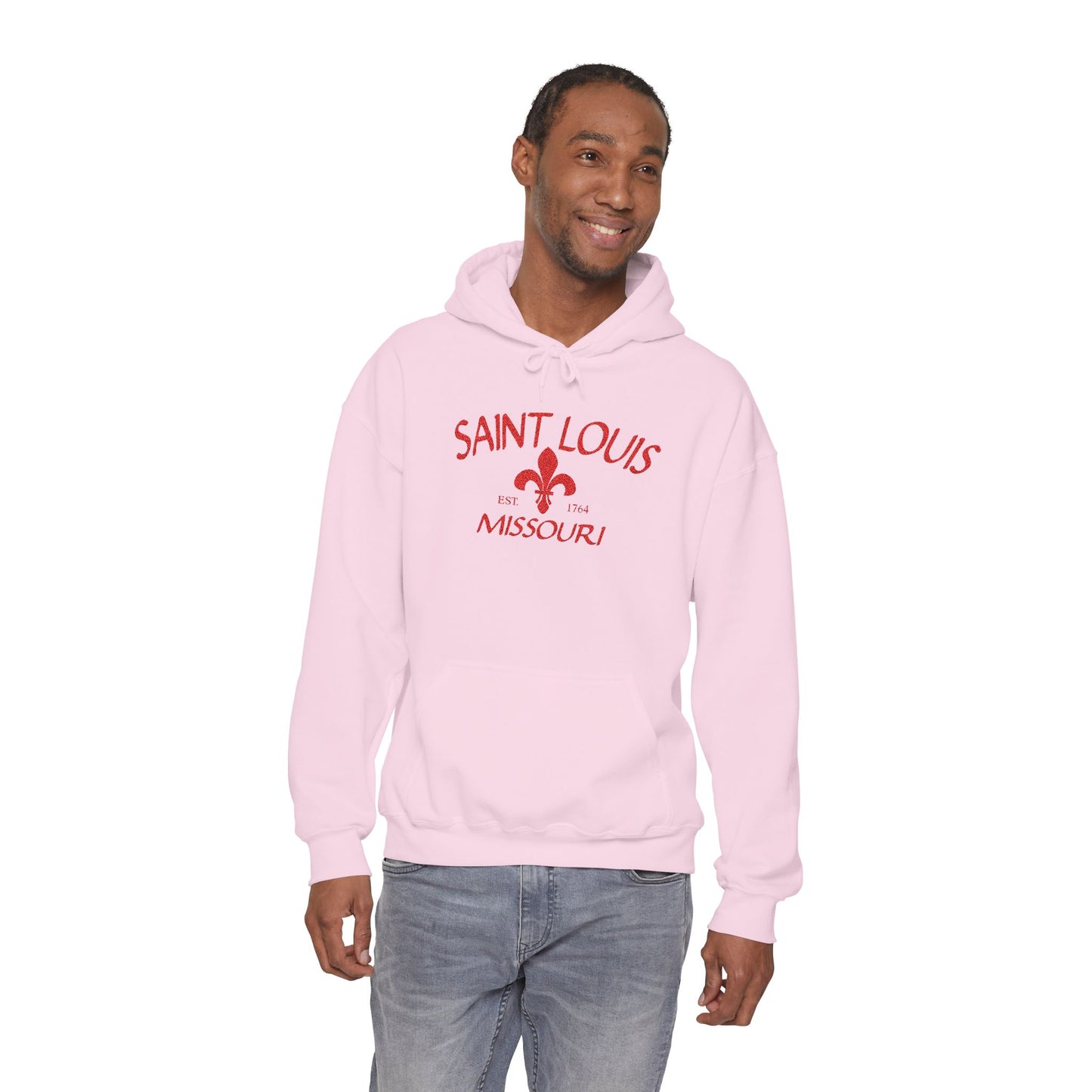 Saint Louis Missouri Embroidered Hoodie — Red Lettering