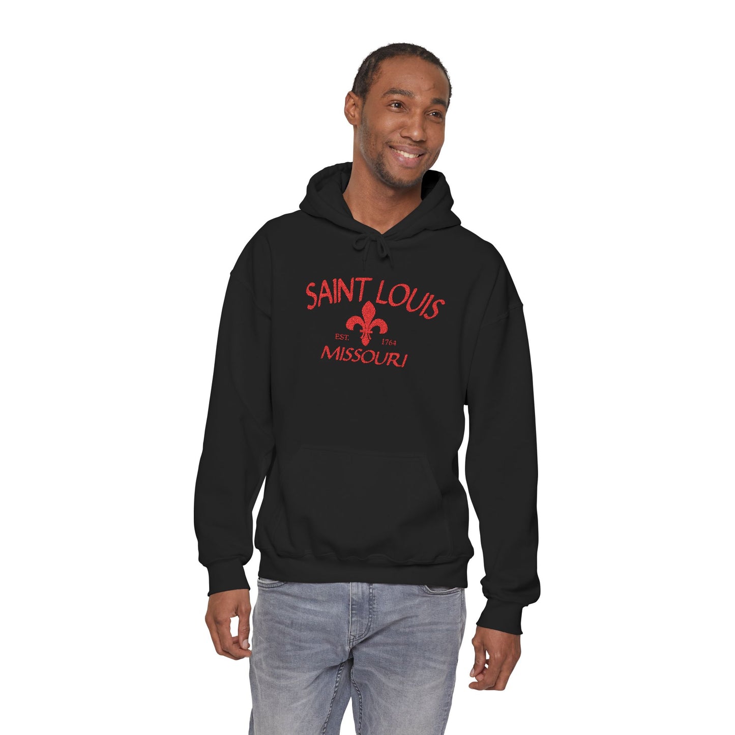 Saint Louis Missouri Embroidered Hoodie — Red Lettering