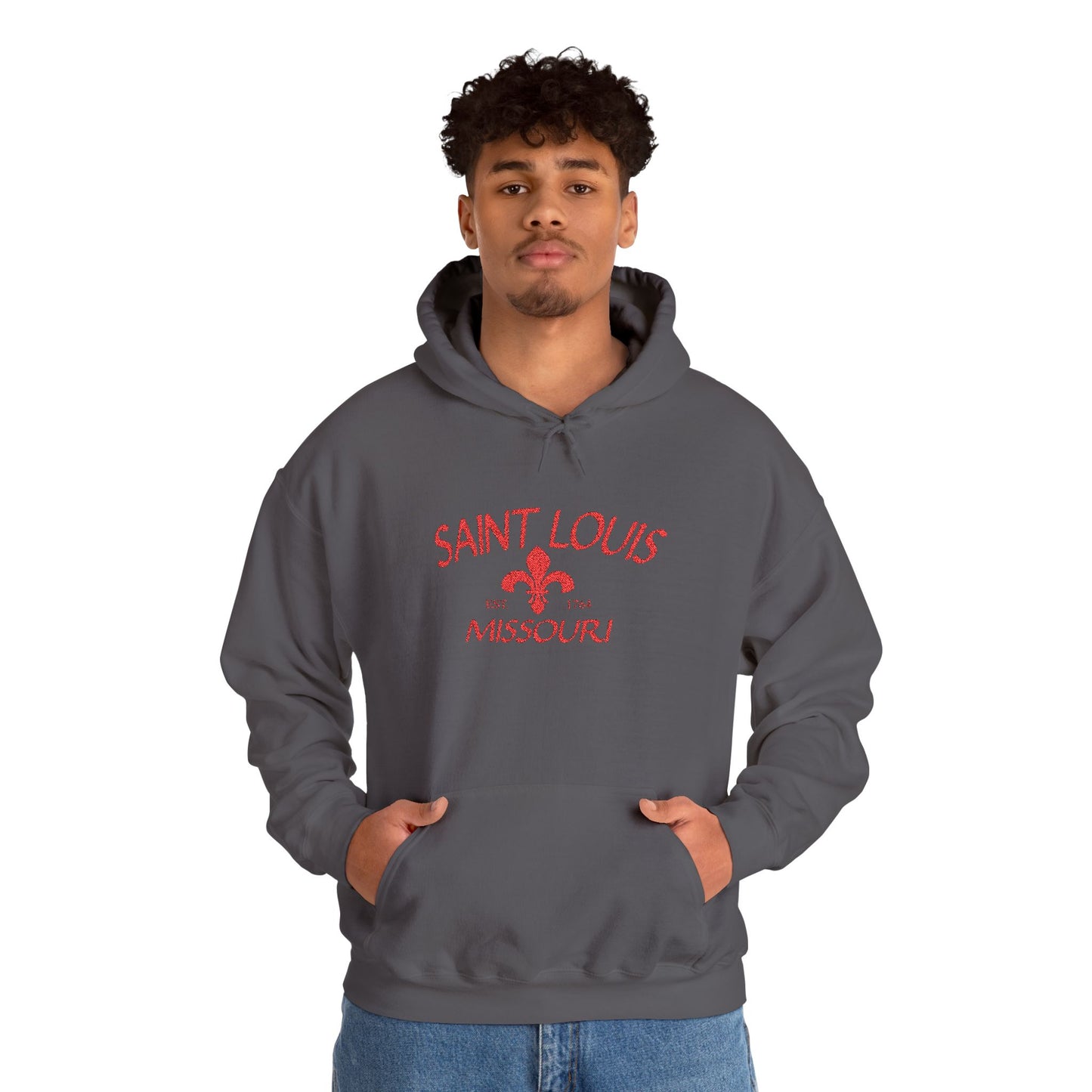 Saint Louis Missouri Embroidered Hoodie — Red Lettering