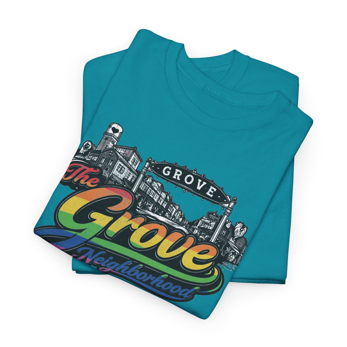 The Grove Neighborhood Tee — Retro Rainbow Logo T-Shirt