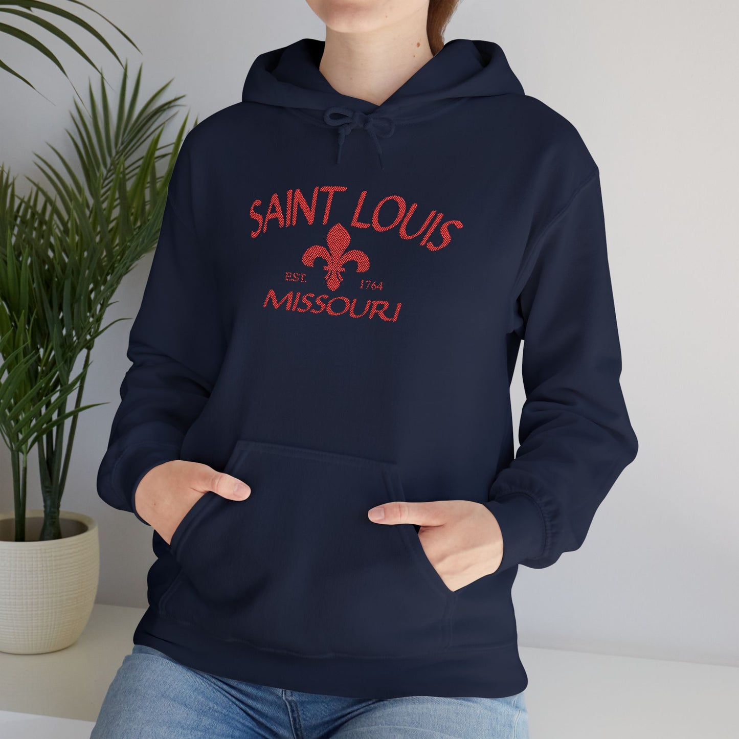Saint Louis Missouri Embroidered Hoodie — Red Lettering
