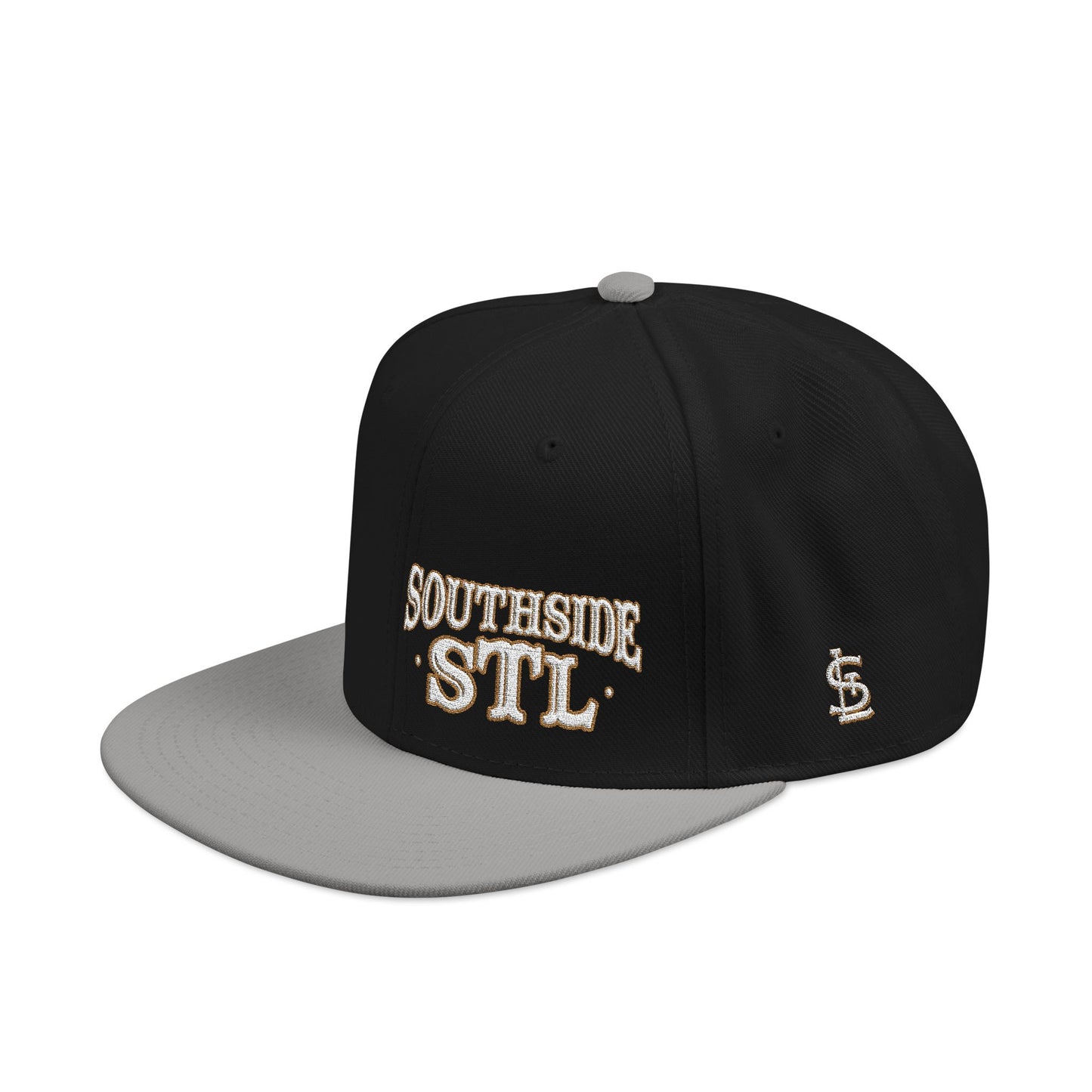 Embroidered Snapback Hat - Southside STL - White & Gold Lettering Printify