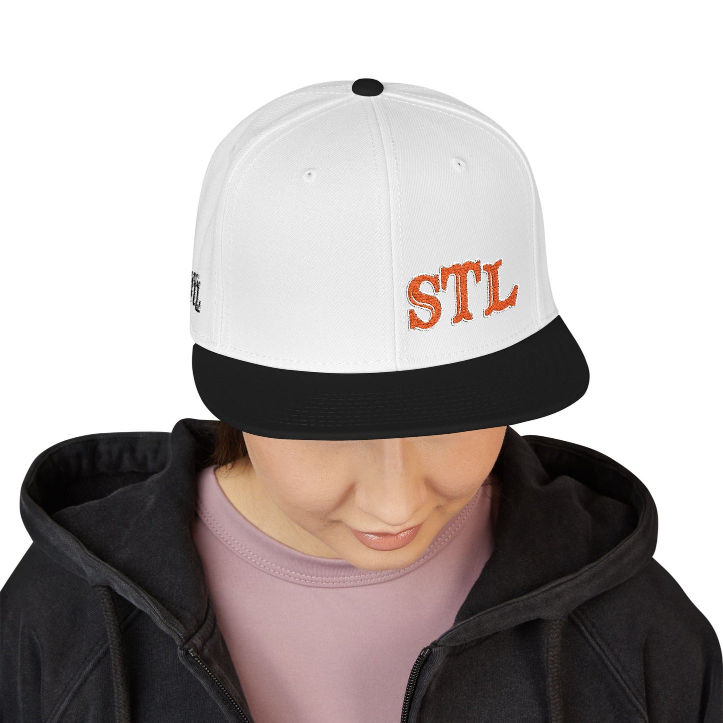STL Embroidered Snapback Hat-Orange & White Lettering Printify