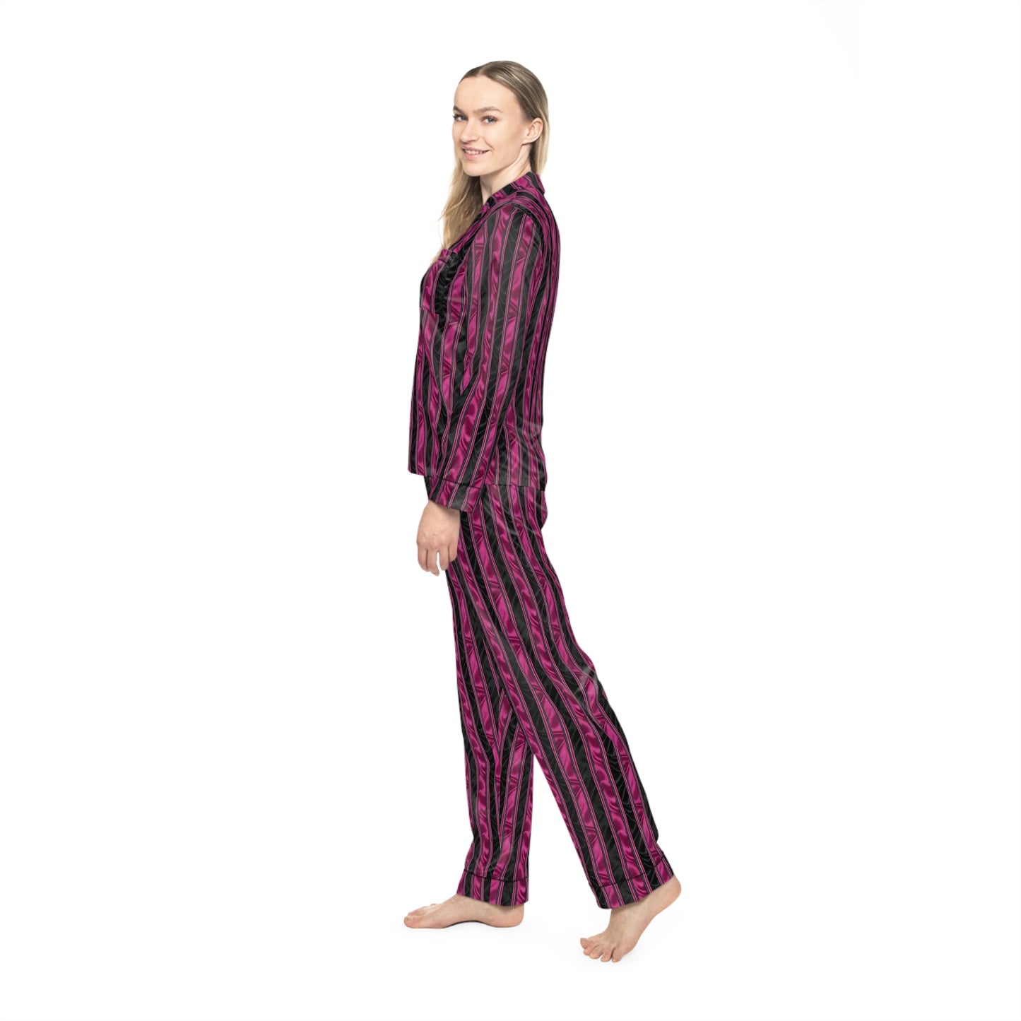 Pink and Black Striped Satin Pajama Set