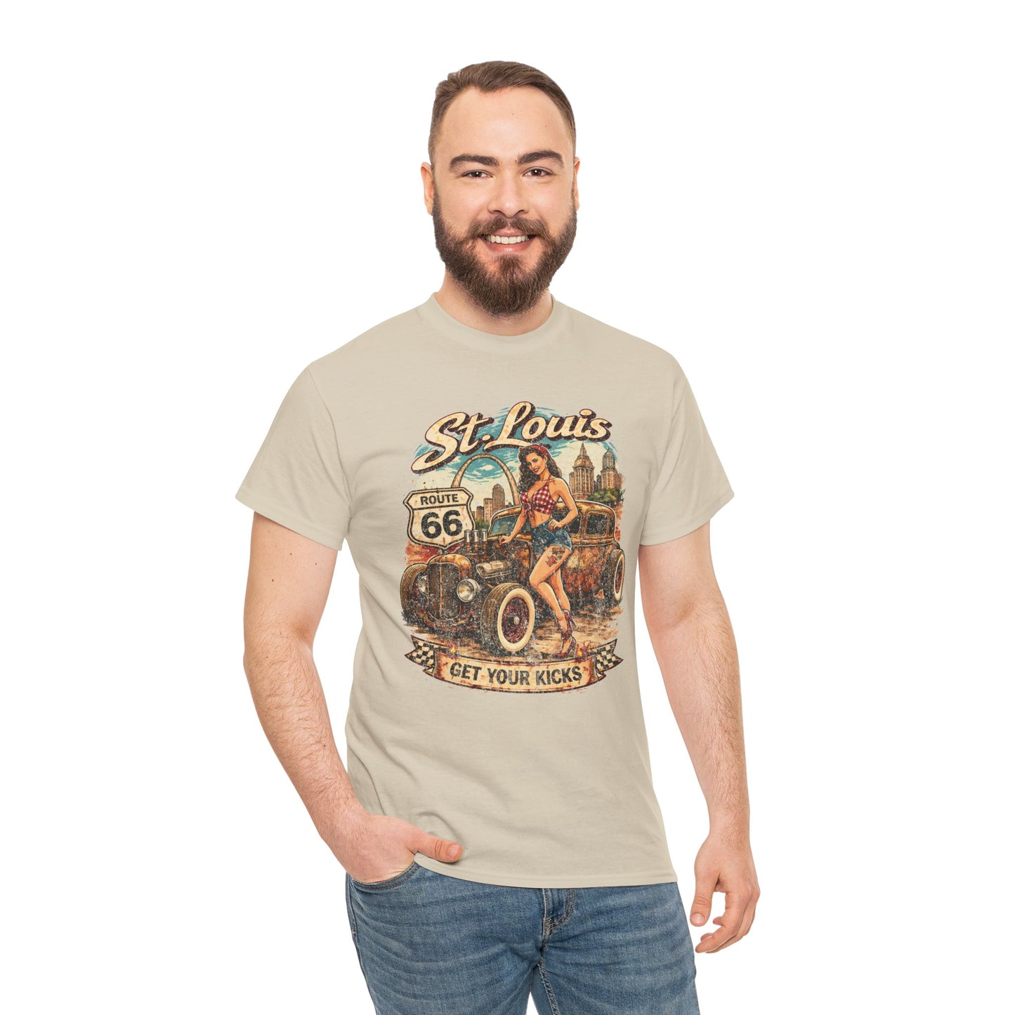 St. Louis Route 66 Vintage Car T‑Shirt — "Get Your Kicks" Retro Road Trip Tee Printify